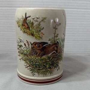 Vintage German Stoneware Woodland Wildlife Scene Bunny Rabbits Beer Stein Mug